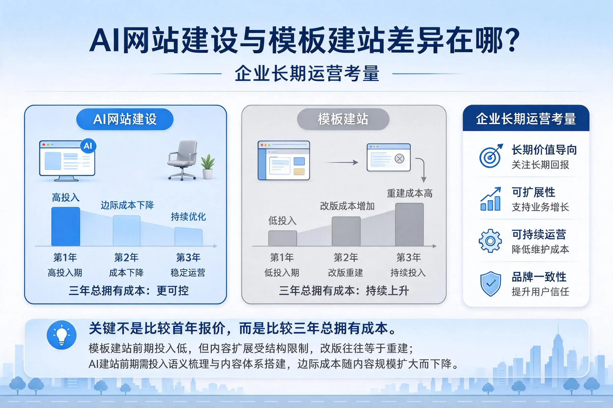 AI网站建设与模板建站差异在哪?巴中企业长期运营考量